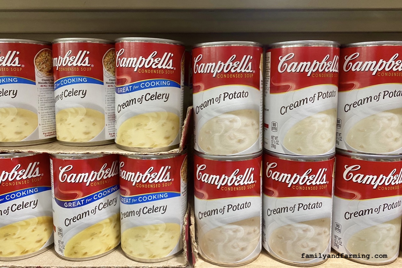 Cans of Cream of Chicken Soup on Shelf